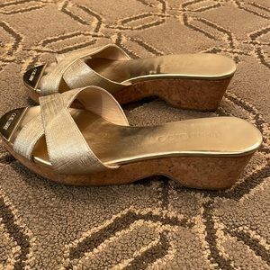 Jimmy Choo gold low wedge cork sandal. Size 38